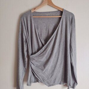 Garnet Hill Gray Faux Wrap Blouse XL Stretch Long Sleeve Top Tee
